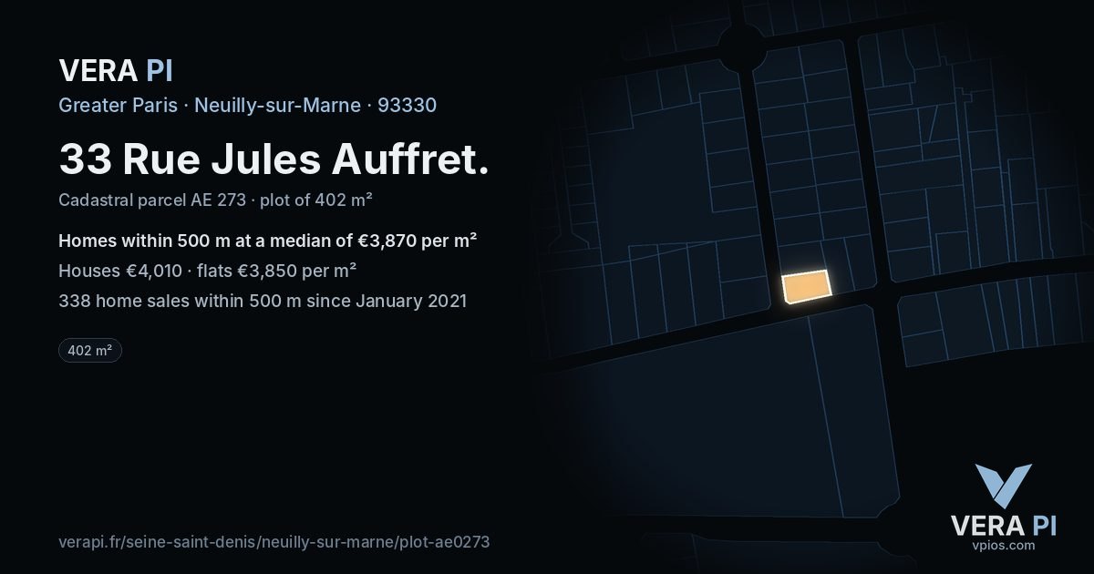 33 Rue Jules Auffret, Neuilly-sur-Marne at night – the plot lit, the parcels around coloured by the prices near them