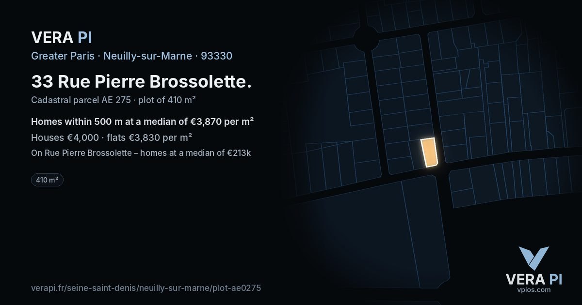 33 Rue Pierre Brossolette, Neuilly-sur-Marne at night – the plot lit, the parcels around coloured by the prices near them
