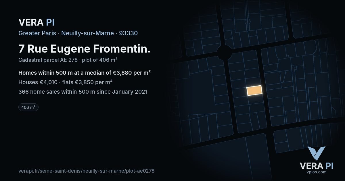 7 Rue Eugene Fromentin, Neuilly-sur-Marne at night – the plot lit, the parcels around coloured by the prices near them