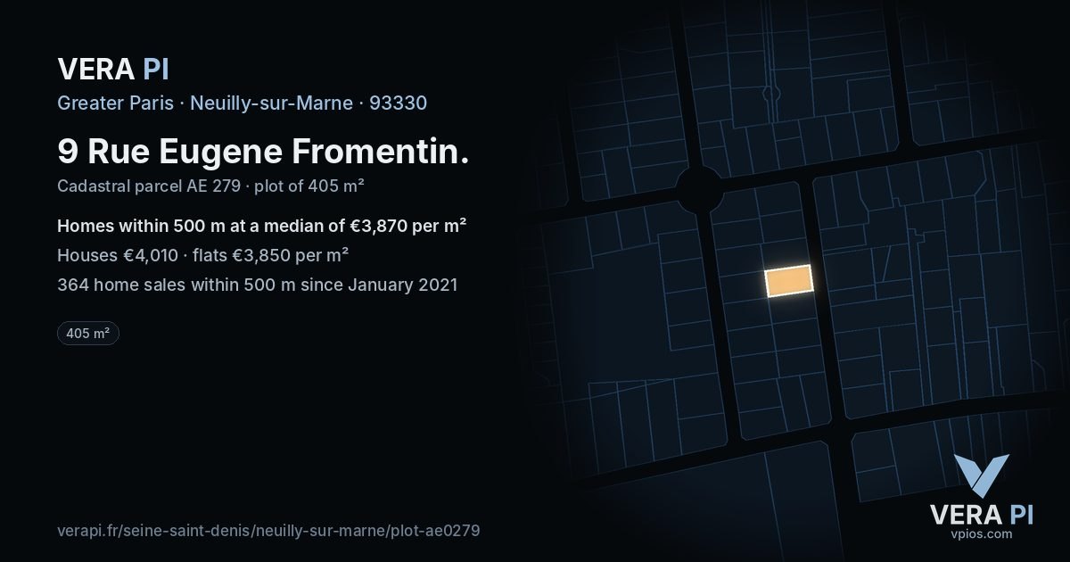 9 Rue Eugene Fromentin, Neuilly-sur-Marne at night – the plot lit, the parcels around coloured by the prices near them