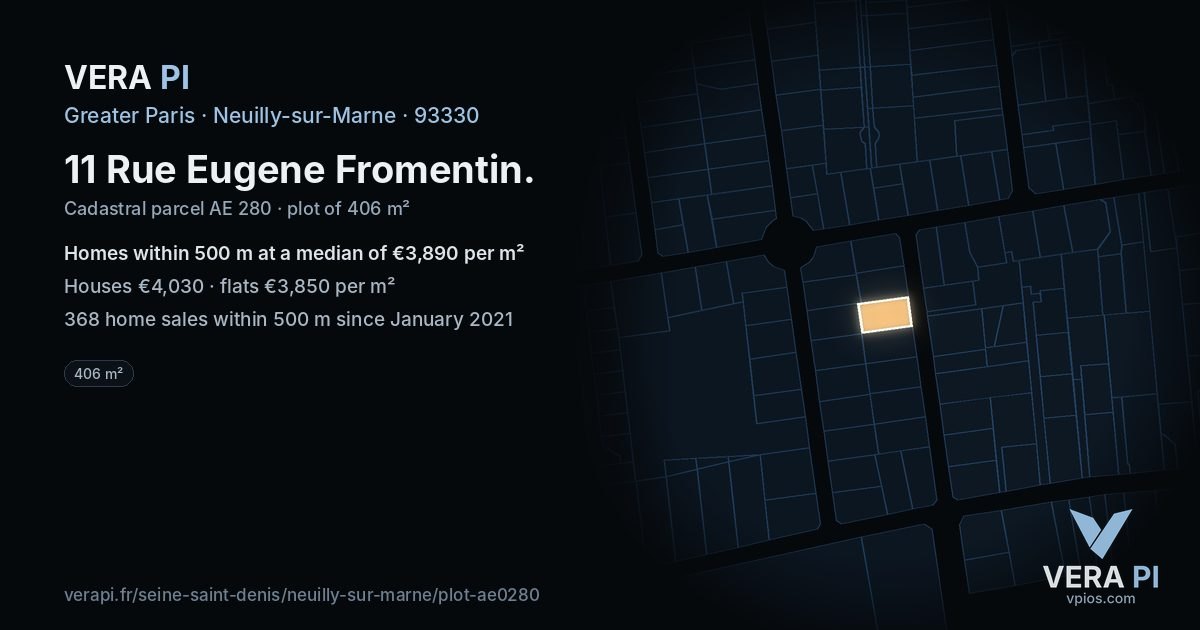 11 Rue Eugene Fromentin, Neuilly-sur-Marne at night – the plot lit, the parcels around coloured by the prices near them