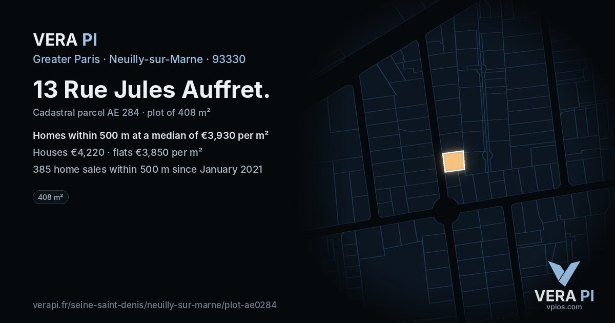 13 Rue Jules Auffret, Neuilly-sur-Marne at night – the plot lit, the parcels around coloured by the prices near them