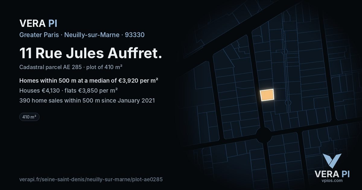 11 Rue Jules Auffret, Neuilly-sur-Marne at night – the plot lit, the parcels around coloured by the prices near them