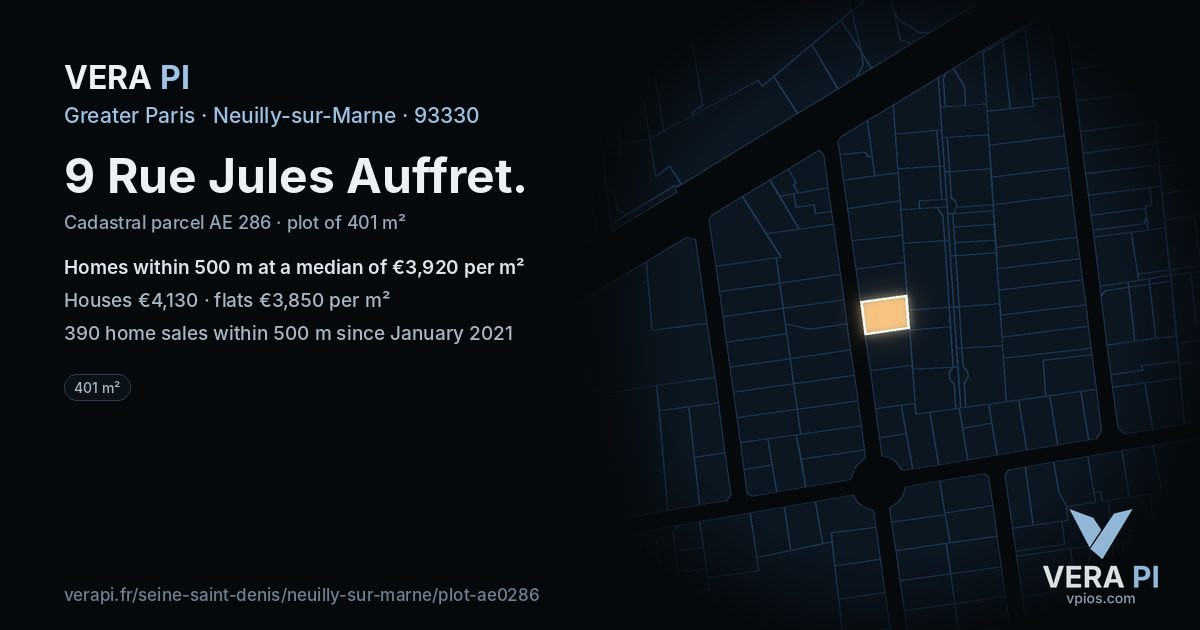 9 Rue Jules Auffret, Neuilly-sur-Marne at night – the plot lit, the parcels around coloured by the prices near them