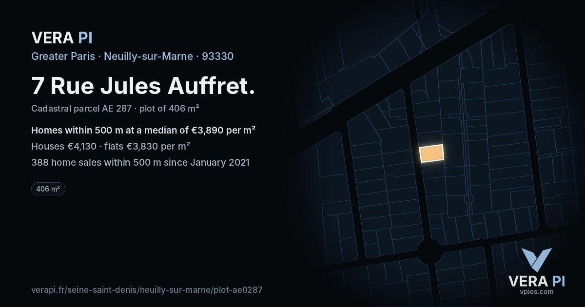 7 Rue Jules Auffret, Neuilly-sur-Marne at night – the plot lit, the parcels around coloured by the prices near them