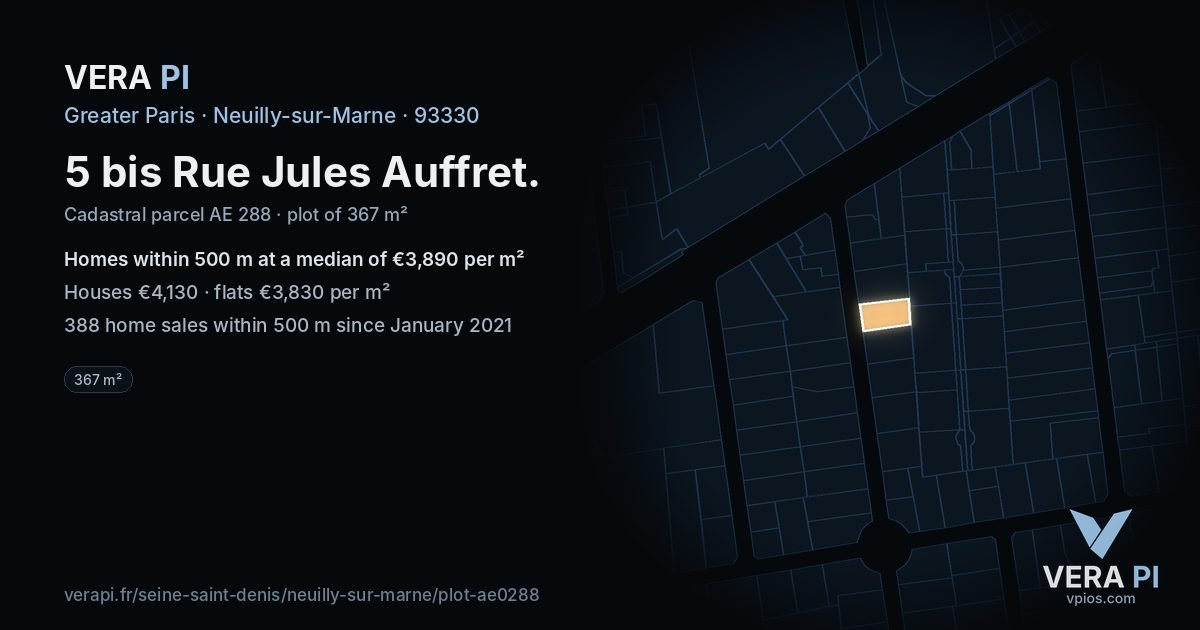 5 bis Rue Jules Auffret, Neuilly-sur-Marne at night – the plot lit, the parcels around coloured by the prices near them