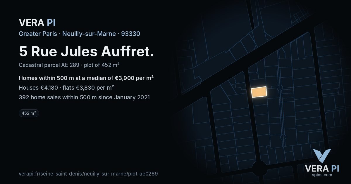 5 Rue Jules Auffret, Neuilly-sur-Marne at night – the plot lit, the parcels around coloured by the prices near them