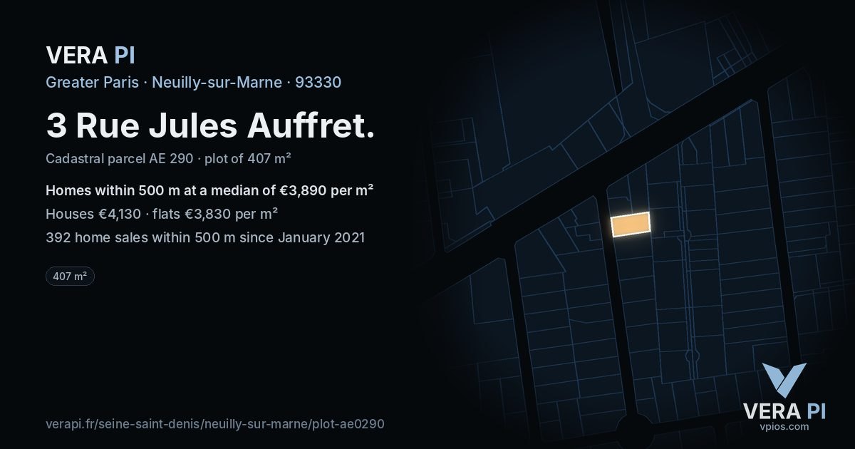 3 Rue Jules Auffret, Neuilly-sur-Marne at night – the plot lit, the parcels around coloured by the prices near them