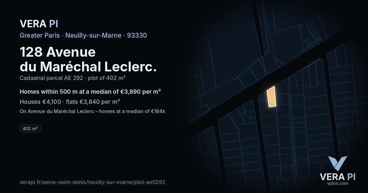 128 Avenue du Maréchal Leclerc, Neuilly-sur-Marne at night – the plot lit, the parcels around coloured by the prices near them