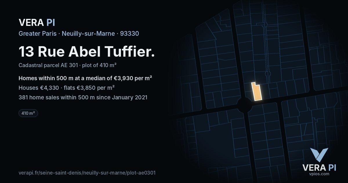 13 Rue Abel Tuffier, Neuilly-sur-Marne at night – the plot lit, the parcels around coloured by the prices near them