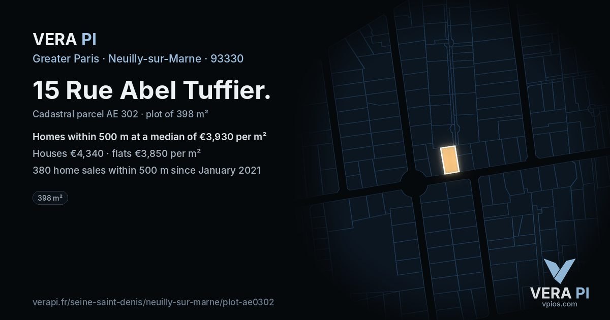 15 Rue Abel Tuffier, Neuilly-sur-Marne at night – the plot lit, the parcels around coloured by the prices near them