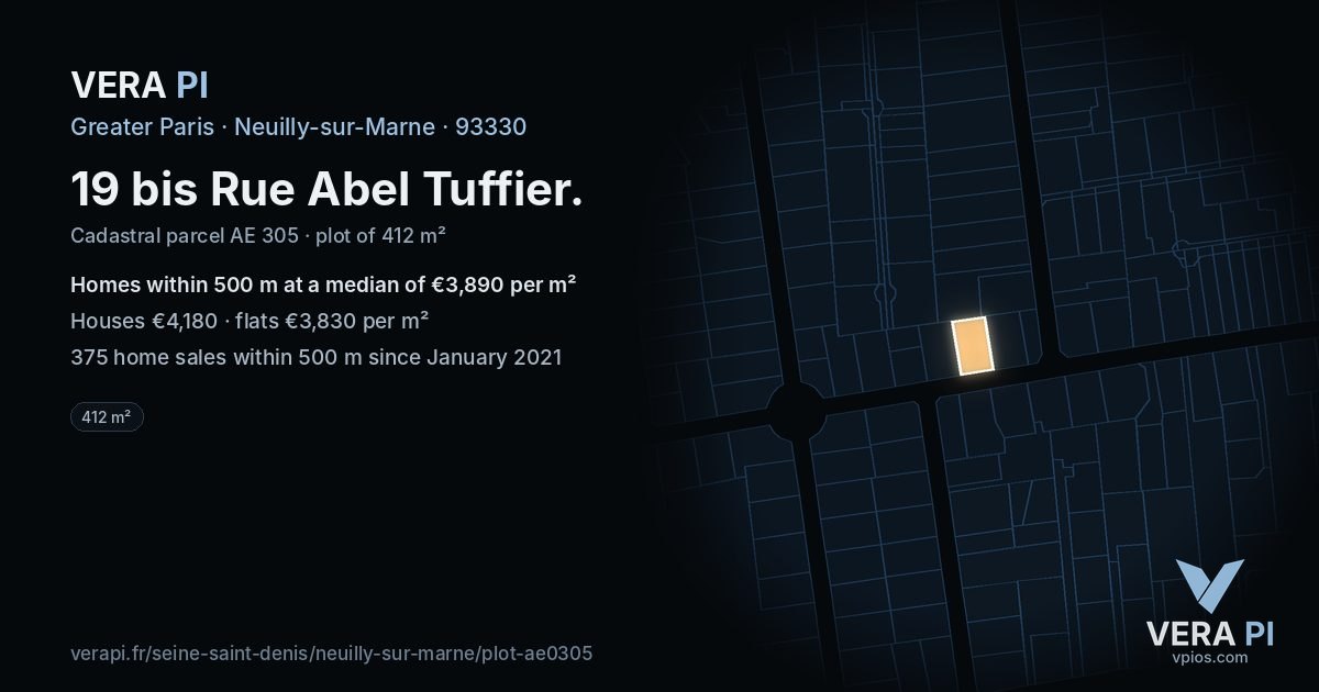 19 bis Rue Abel Tuffier, Neuilly-sur-Marne at night – the plot lit, the parcels around coloured by the prices near them
