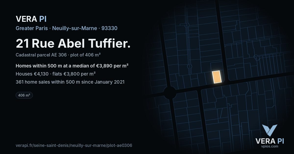 21 Rue Abel Tuffier, Neuilly-sur-Marne at night – the plot lit, the parcels around coloured by the prices near them