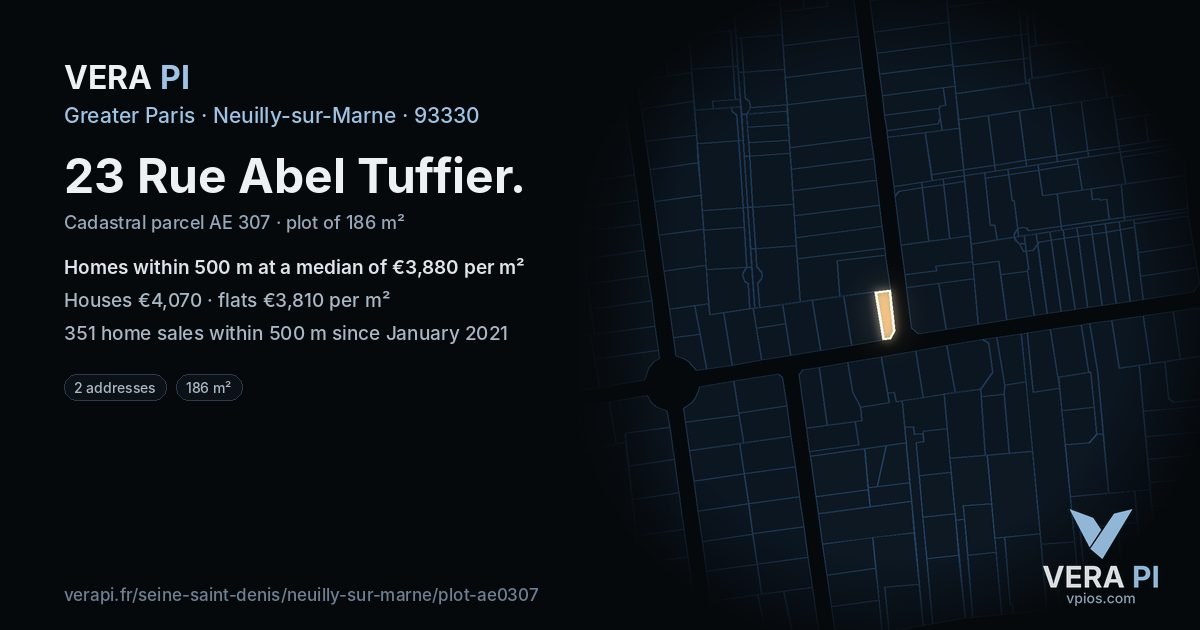 23 Rue Abel Tuffier, Neuilly-sur-Marne at night – the plot lit, the parcels around coloured by the prices near them