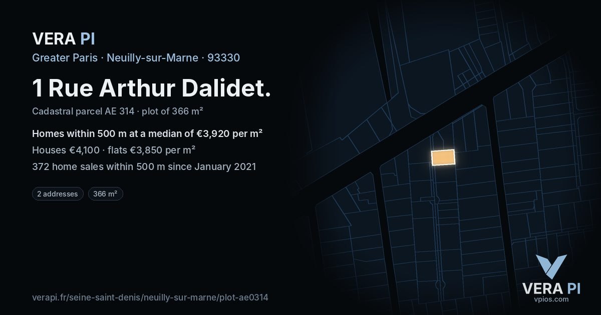 1 Rue Arthur Dalidet, Neuilly-sur-Marne at night – the plot lit, the parcels around coloured by the prices near them