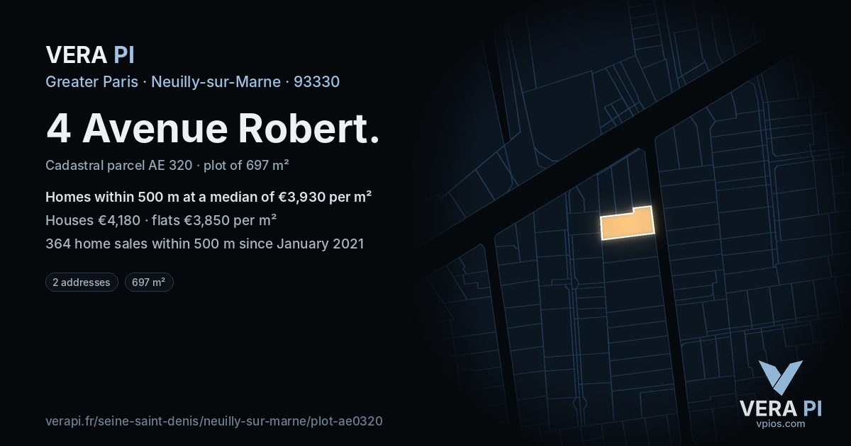 4 Avenue Robert, Neuilly-sur-Marne at night – the plot lit, the parcels around coloured by the prices near them