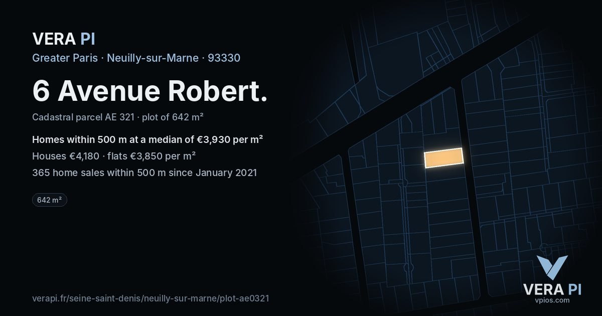 6 Avenue Robert, Neuilly-sur-Marne at night – the plot lit, the parcels around coloured by the prices near them