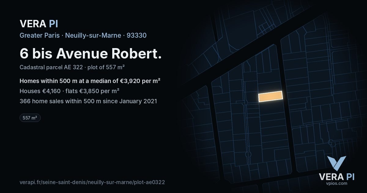 6 bis Avenue Robert, Neuilly-sur-Marne at night – the plot lit, the parcels around coloured by the prices near them
