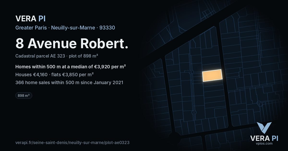 8 Avenue Robert, Neuilly-sur-Marne at night – the plot lit, the parcels around coloured by the prices near them
