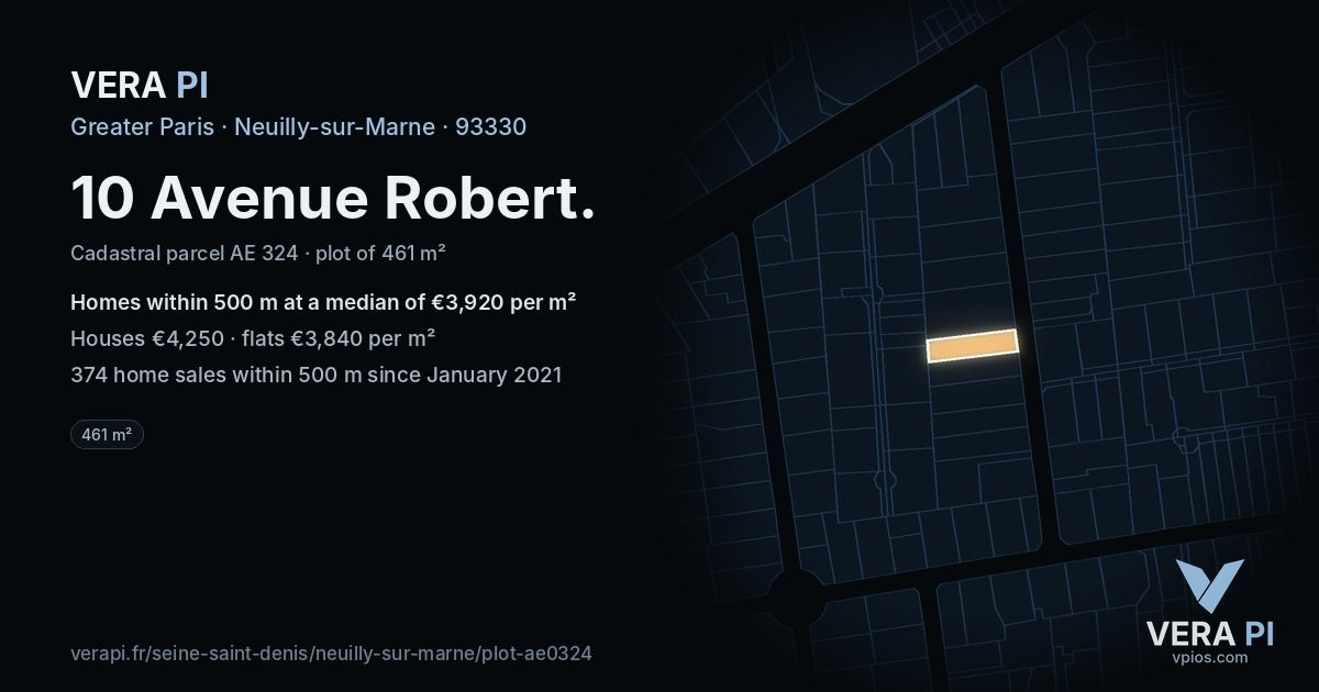 10 Avenue Robert, Neuilly-sur-Marne at night – the plot lit, the parcels around coloured by the prices near them