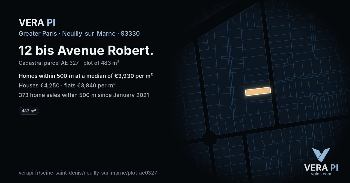12 bis Avenue Robert, Neuilly-sur-Marne at night – the plot lit, the parcels around coloured by the prices near them