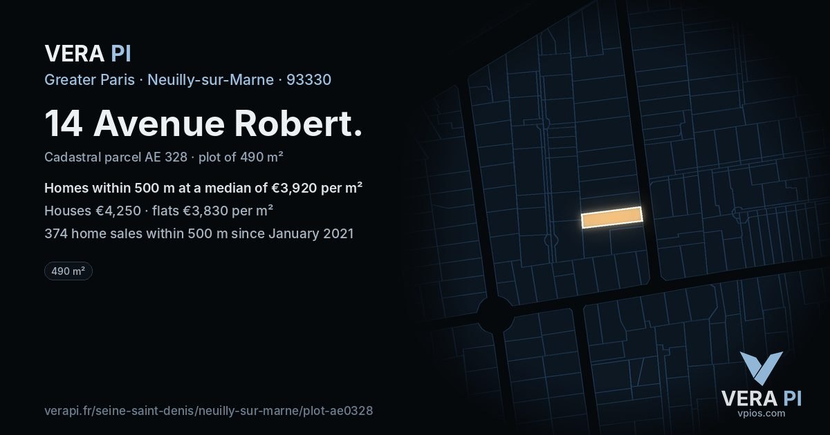 14 Avenue Robert, Neuilly-sur-Marne at night – the plot lit, the parcels around coloured by the prices near them