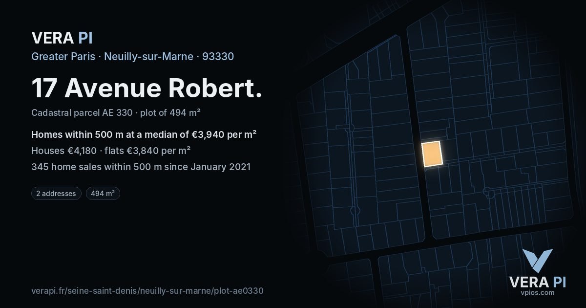 17 Avenue Robert, Neuilly-sur-Marne at night – the plot lit, the parcels around coloured by the prices near them