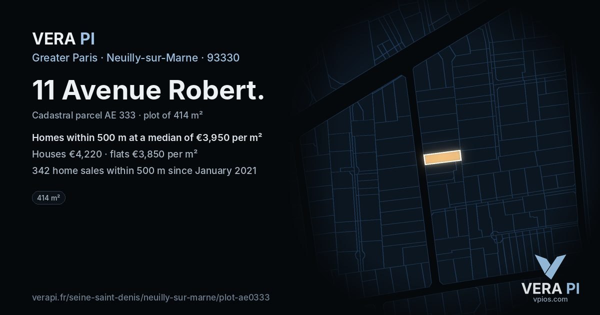 11 Avenue Robert, Neuilly-sur-Marne at night – the plot lit, the parcels around coloured by the prices near them