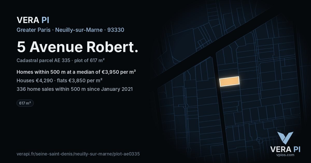 5 Avenue Robert, Neuilly-sur-Marne at night – the plot lit, the parcels around coloured by the prices near them