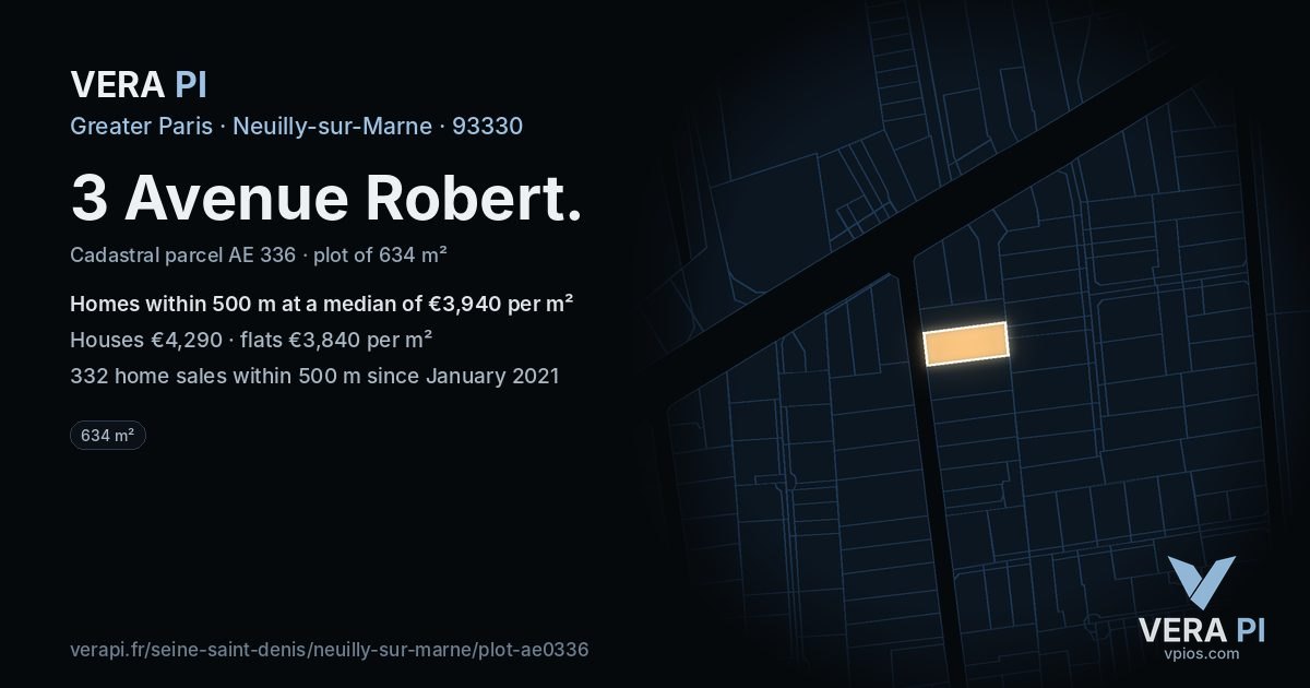 3 Avenue Robert, Neuilly-sur-Marne at night – the plot lit, the parcels around coloured by the prices near them
