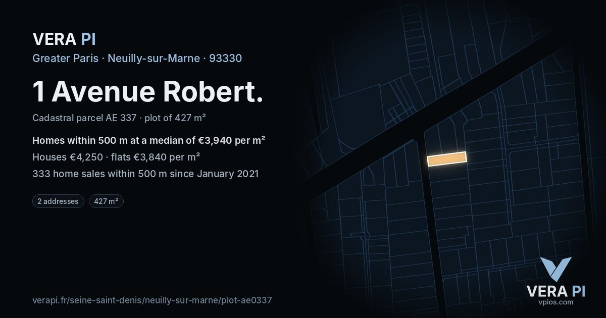 1 Avenue Robert, Neuilly-sur-Marne at night – the plot lit, the parcels around coloured by the prices near them