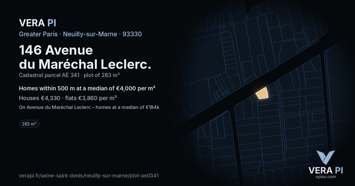 146 Avenue du Maréchal Leclerc, Neuilly-sur-Marne at night – the plot lit, the parcels around coloured by the prices near them