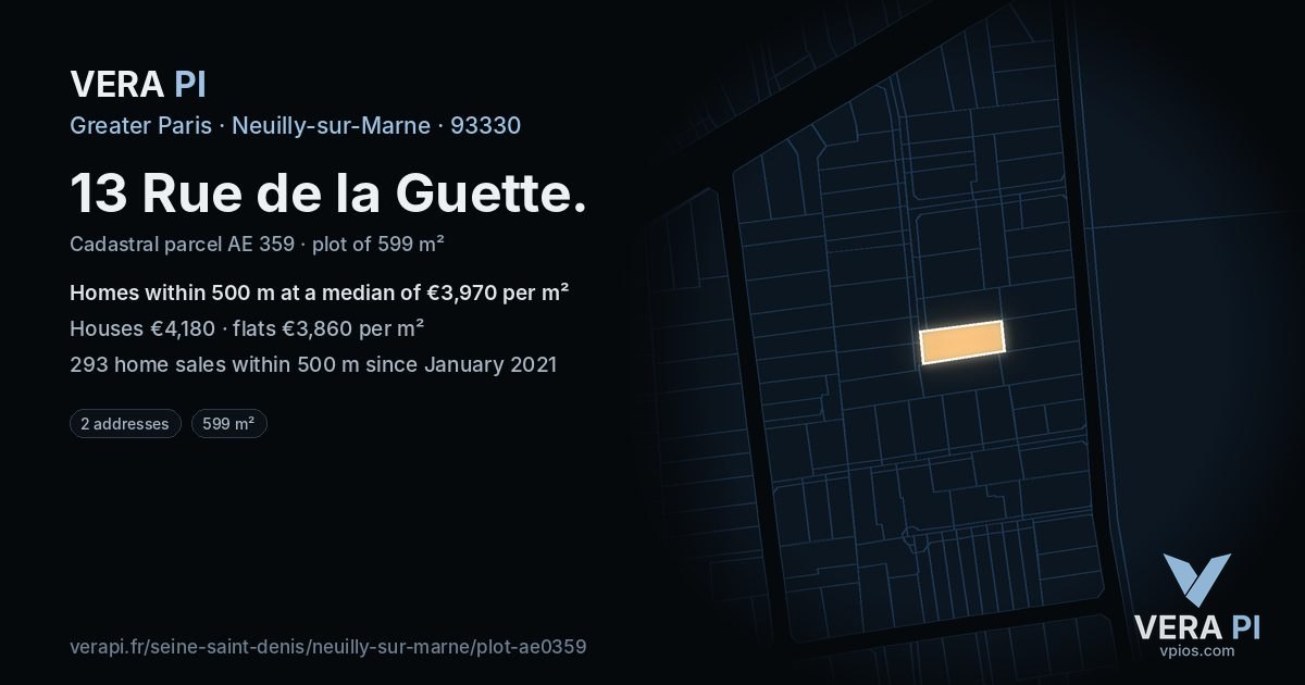 13 Rue de la Guette, Neuilly-sur-Marne at night – the plot lit, the parcels around coloured by the prices near them