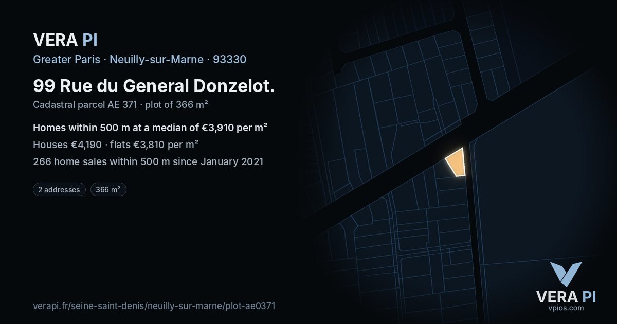 99 Rue du General Donzelot, Neuilly-sur-Marne at night – the plot lit, the parcels around coloured by the prices near them