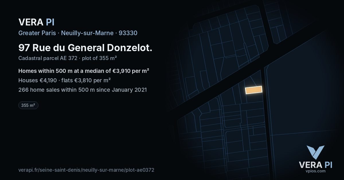 97 Rue du General Donzelot, Neuilly-sur-Marne at night – the plot lit, the parcels around coloured by the prices near them
