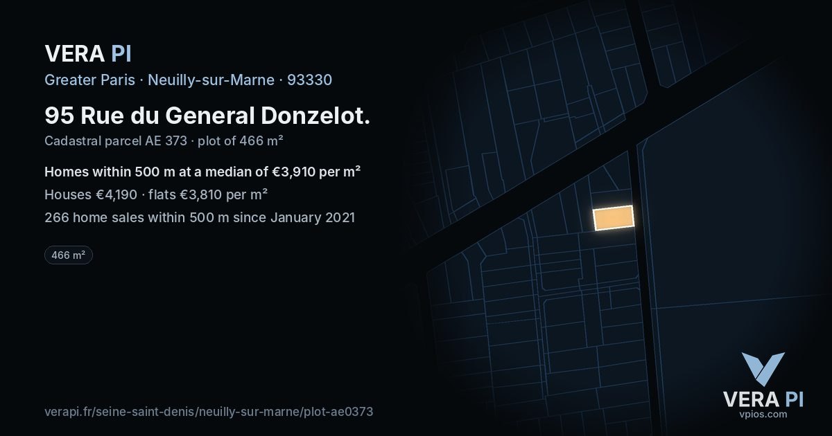 95 Rue du General Donzelot, Neuilly-sur-Marne at night – the plot lit, the parcels around coloured by the prices near them