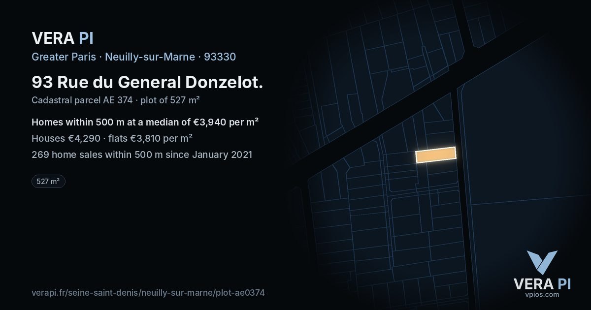 93 Rue du General Donzelot, Neuilly-sur-Marne at night – the plot lit, the parcels around coloured by the prices near them