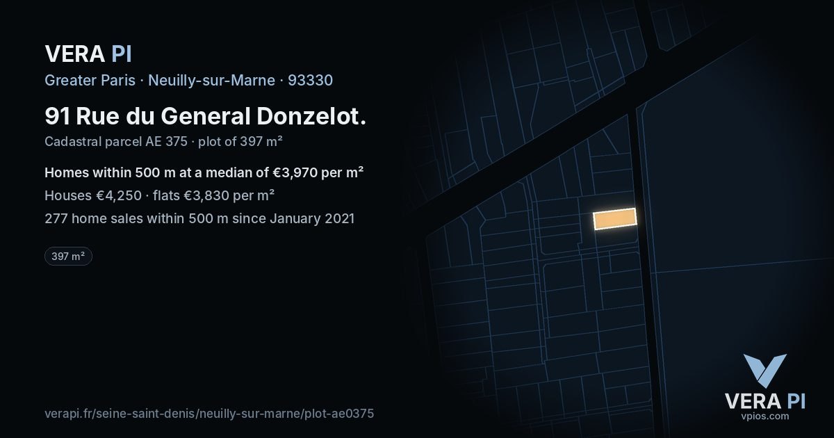91 Rue du General Donzelot, Neuilly-sur-Marne at night – the plot lit, the parcels around coloured by the prices near them