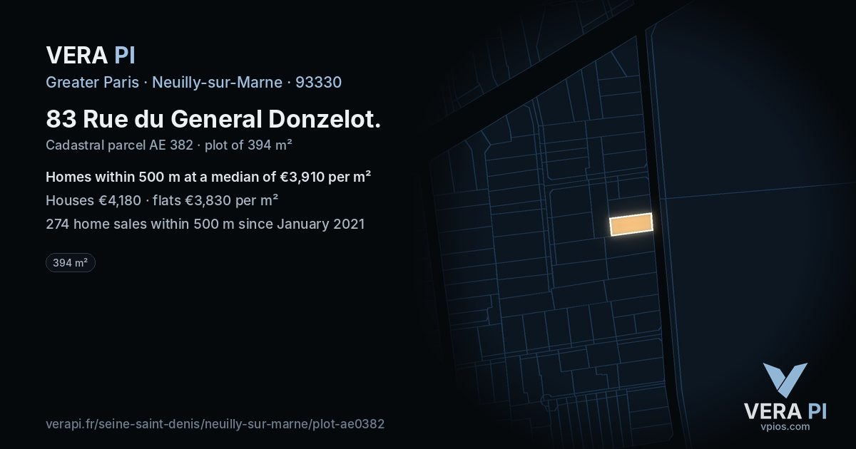 83 Rue du General Donzelot, Neuilly-sur-Marne at night – the plot lit, the parcels around coloured by the prices near them