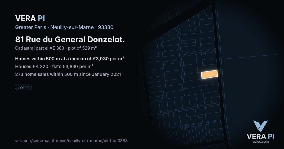 81 Rue du General Donzelot, Neuilly-sur-Marne at night – the plot lit, the parcels around coloured by the prices near them