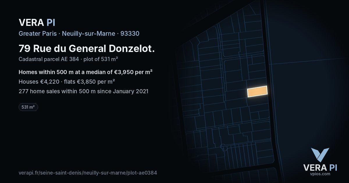 79 Rue du General Donzelot, Neuilly-sur-Marne at night – the plot lit, the parcels around coloured by the prices near them