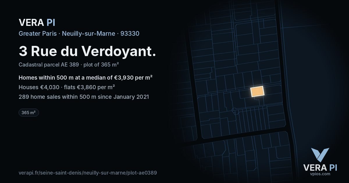 3 Rue du Verdoyant, Neuilly-sur-Marne at night – the plot lit, the parcels around coloured by the prices near them