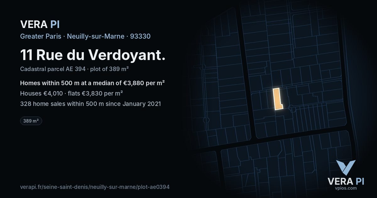11 Rue du Verdoyant, Neuilly-sur-Marne at night – the plot lit, the parcels around coloured by the prices near them