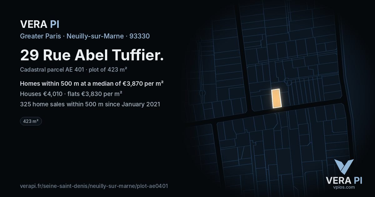 29 Rue Abel Tuffier, Neuilly-sur-Marne at night – the plot lit, the parcels around coloured by the prices near them