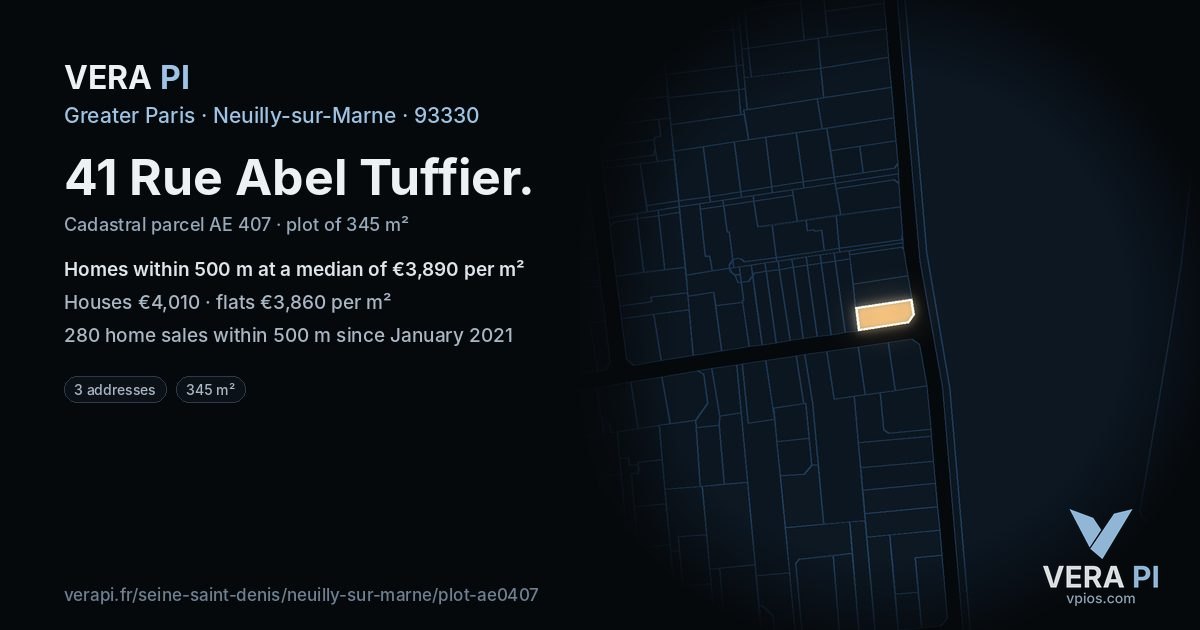 41 Rue Abel Tuffier, Neuilly-sur-Marne at night – the plot lit, the parcels around coloured by the prices near them