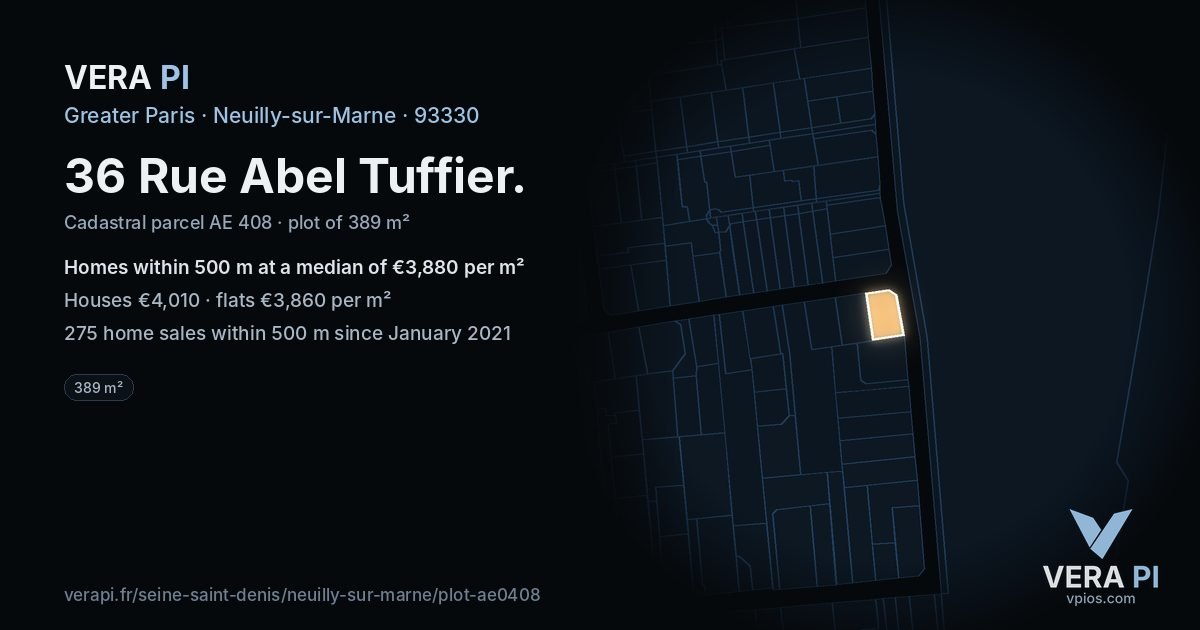 36 Rue Abel Tuffier, Neuilly-sur-Marne at night – the plot lit, the parcels around coloured by the prices near them