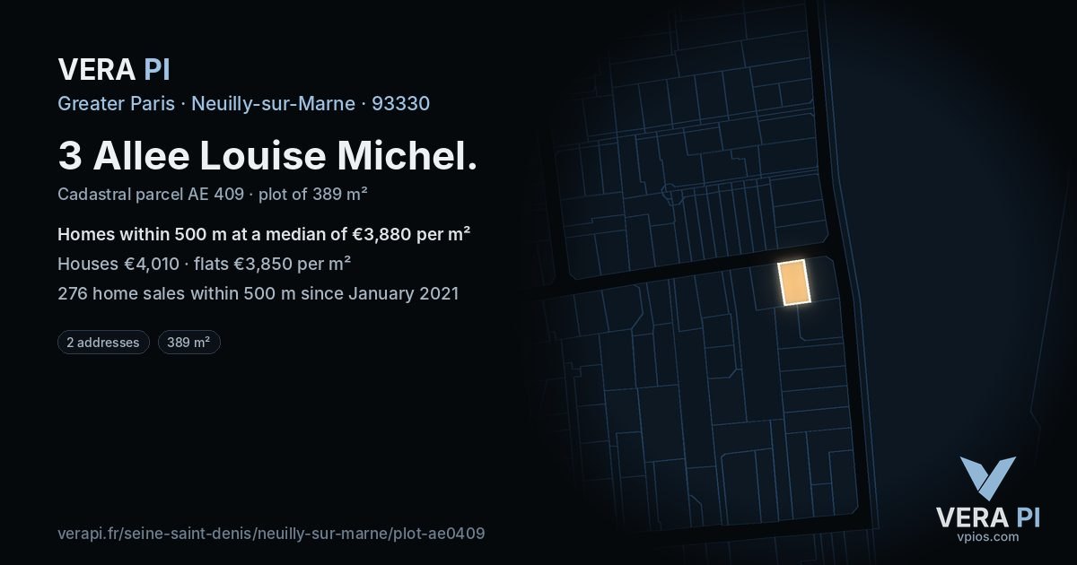 3 Allee Louise Michel, Neuilly-sur-Marne at night – the plot lit, the parcels around coloured by the prices near them