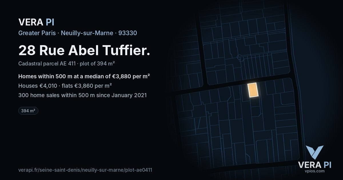 28 Rue Abel Tuffier, Neuilly-sur-Marne at night – the plot lit, the parcels around coloured by the prices near them