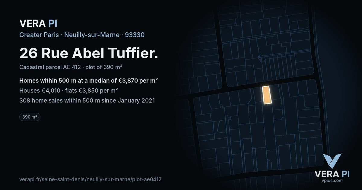 26 Rue Abel Tuffier, Neuilly-sur-Marne at night – the plot lit, the parcels around coloured by the prices near them