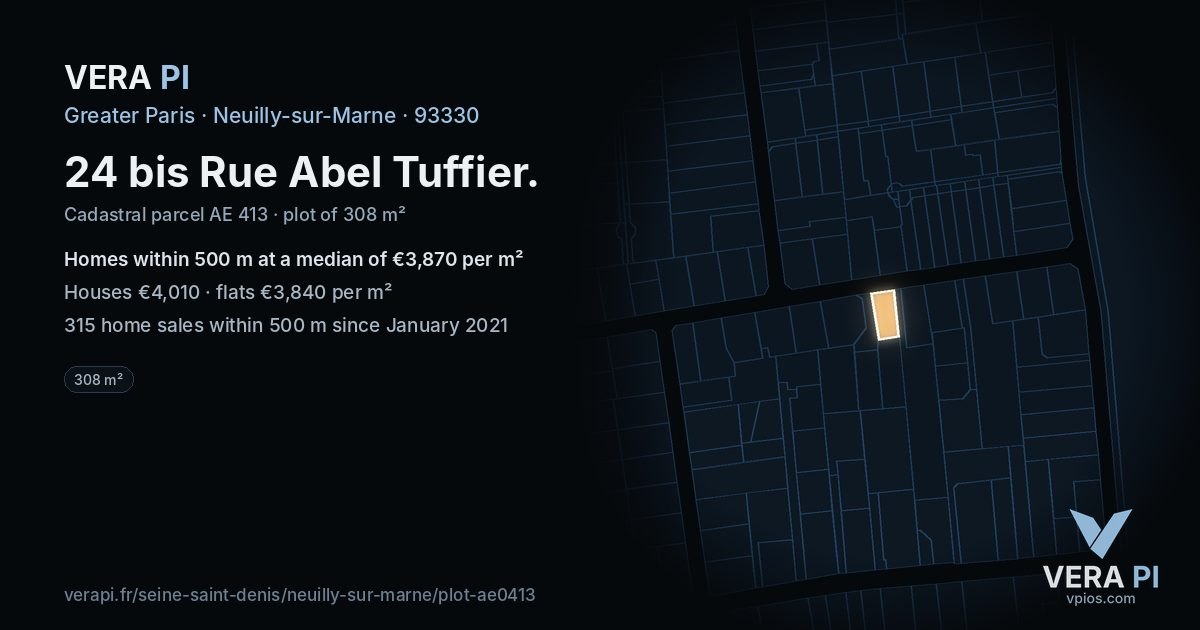 24 bis Rue Abel Tuffier, Neuilly-sur-Marne at night – the plot lit, the parcels around coloured by the prices near them
